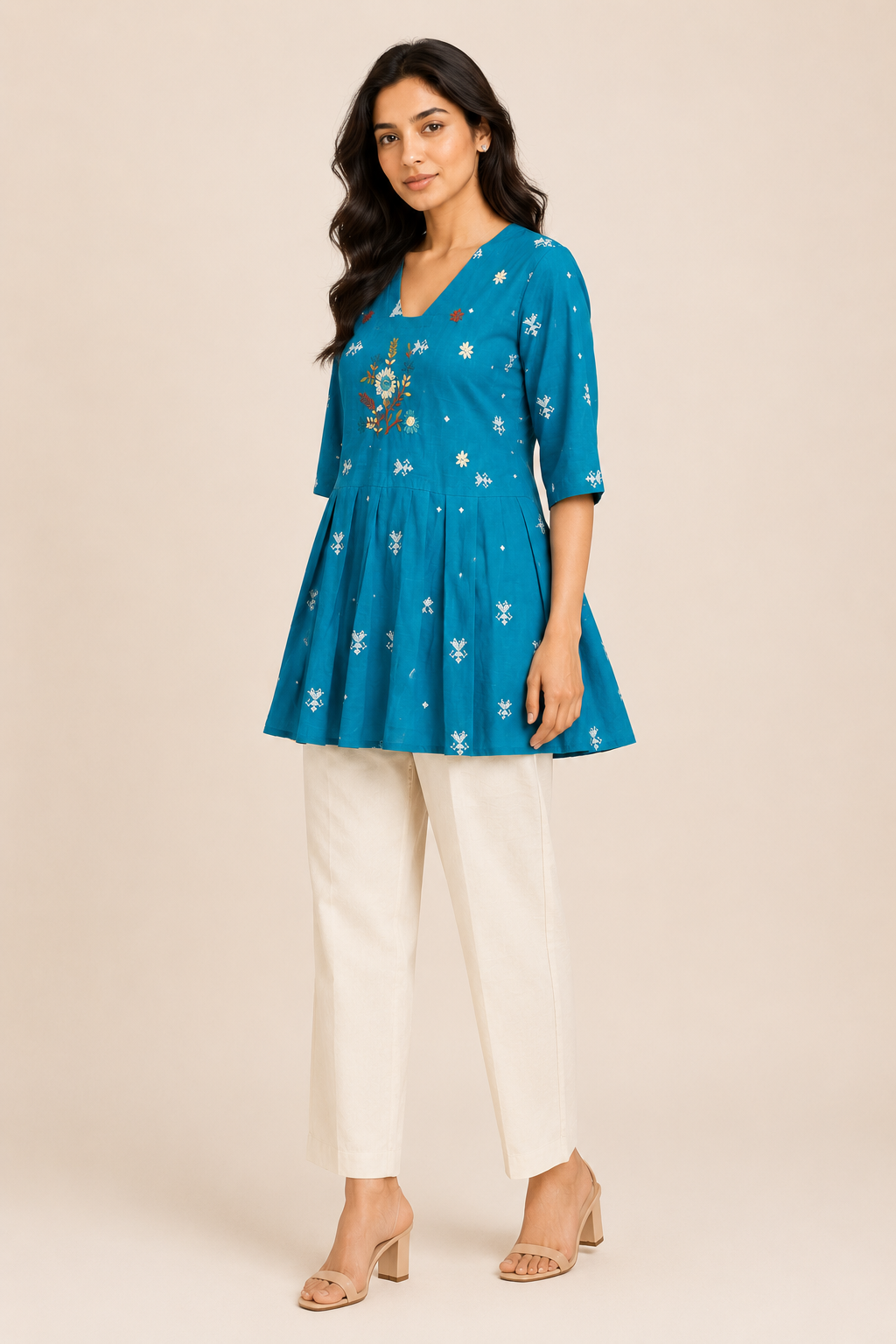 Women's Turquoise Floral Embroidered Peplum Top | Stylish Half Sleeve Ethnic Top