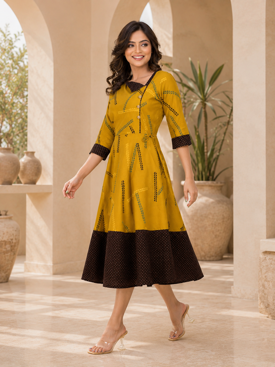 Mustard Yellow Printed Anarkali Dress for Women | Stylish Flared Midi Dress