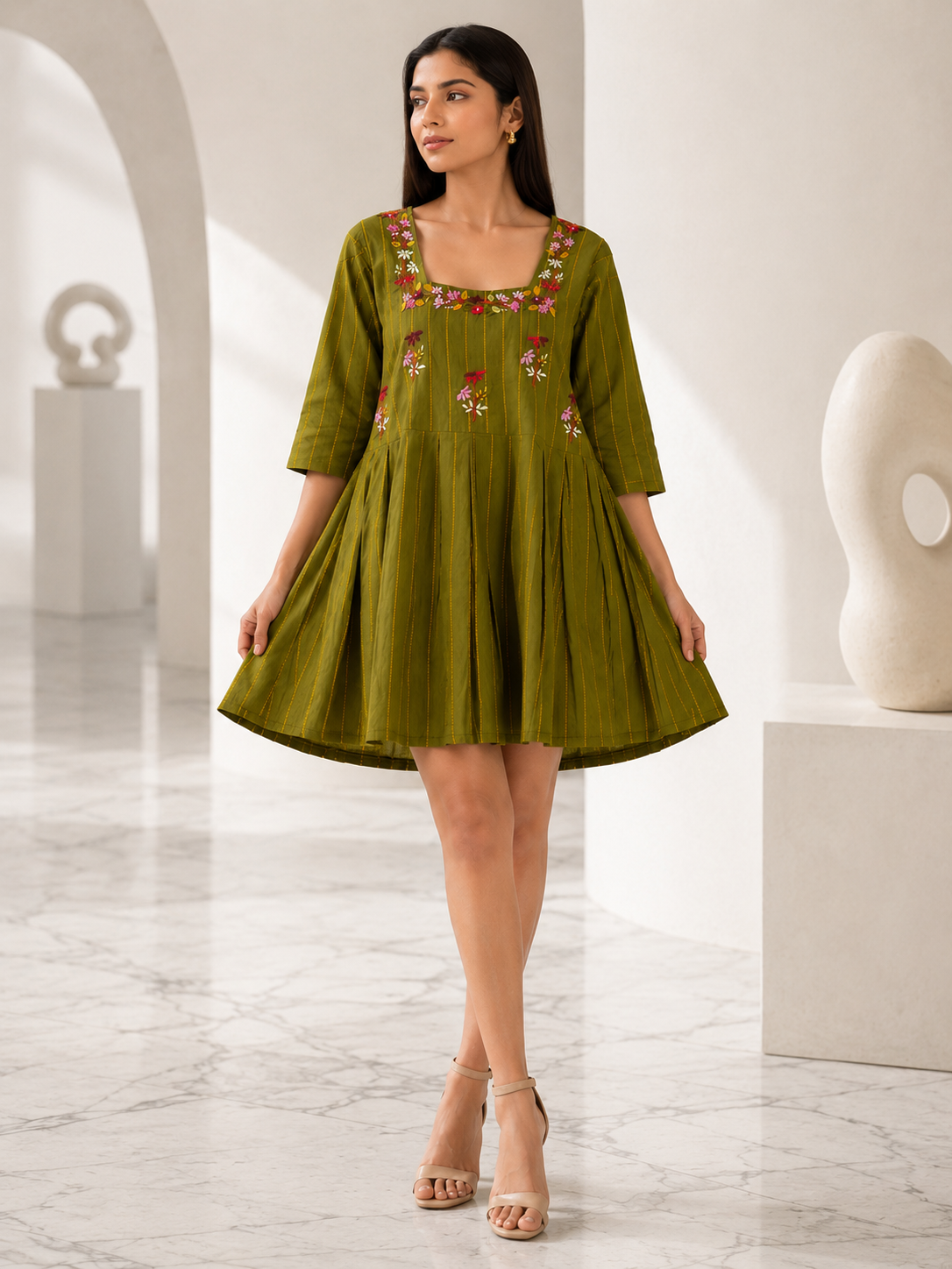 Olive Green Pleated Tunic Dress with Floral Embroidery