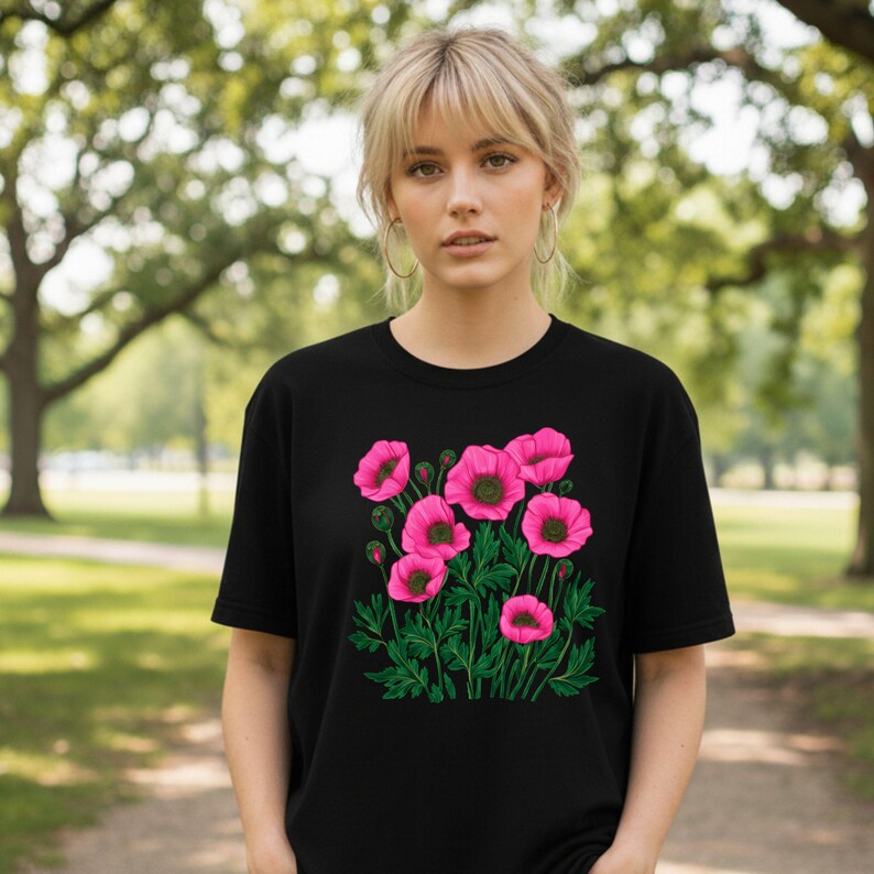 Red & Pink Poppy Botanical Floral Graphic T-Shirt - Nature Lover Tee
