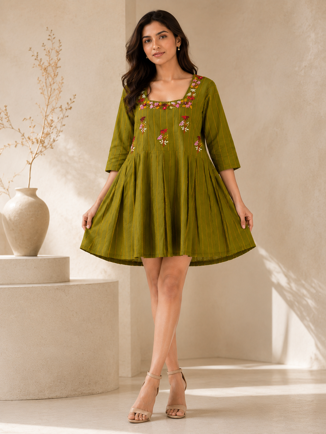 Olive Green Pleated Tunic Dress with Floral Embroidery