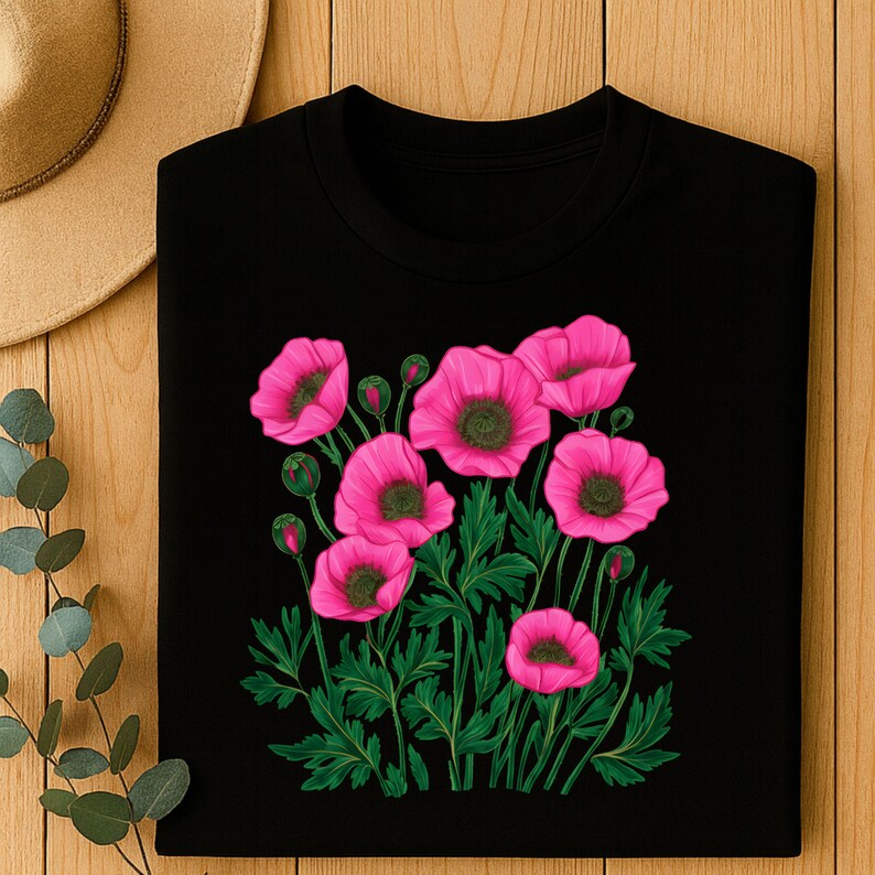 Red & Pink Poppy Botanical Floral Graphic T-Shirt - Nature Lover Tee