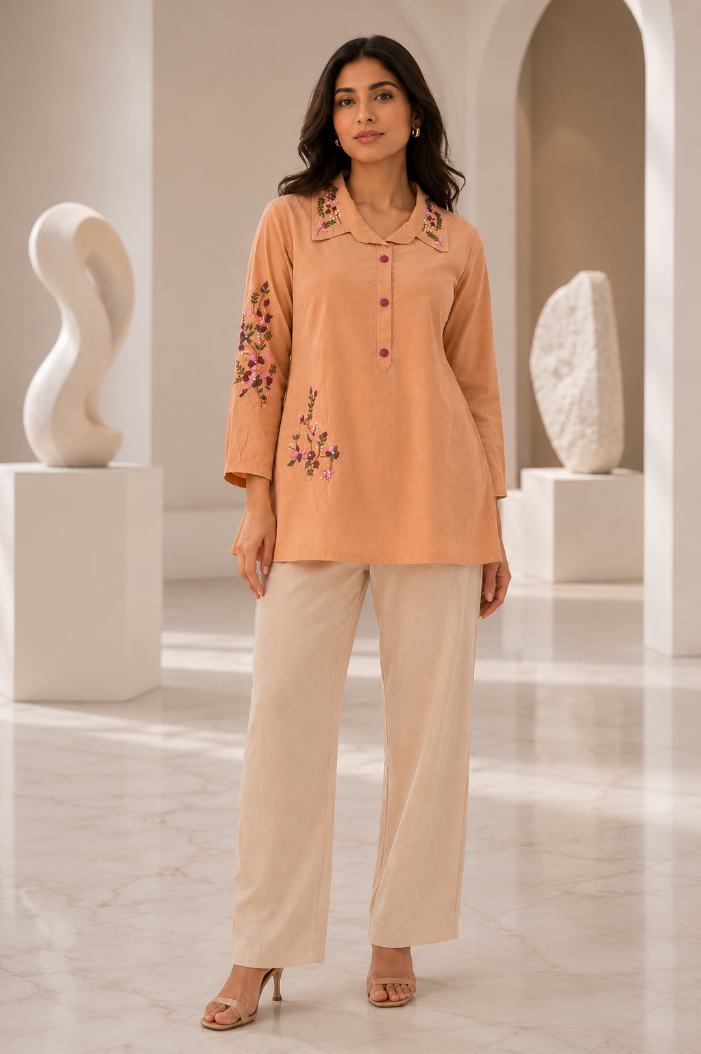 Women's Peach Floral Embroidered Collared Cotton Kurti | Full Sleeve Casual Ethnic Top