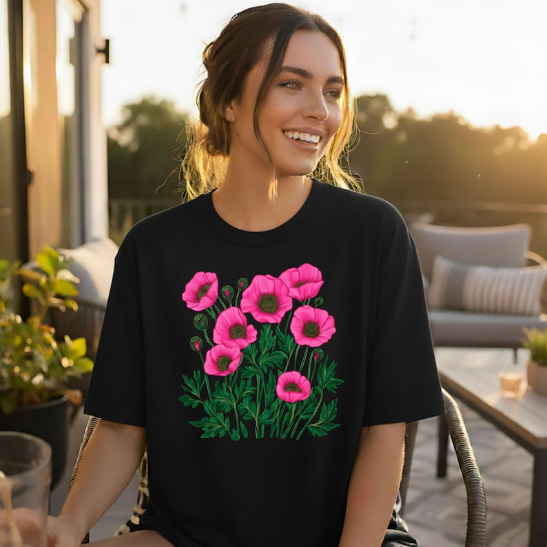 Red & Pink Poppy Botanical Floral Graphic T-Shirt - Nature Lover Tee