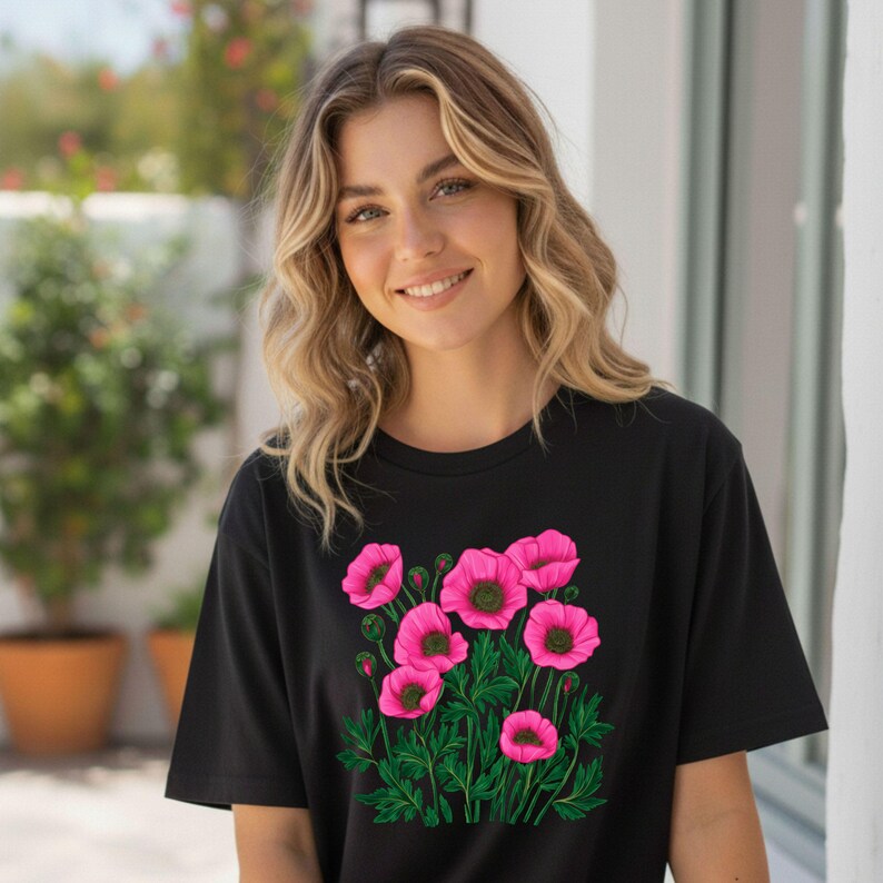 Red & Pink Poppy Botanical Floral Graphic T-Shirt - Nature Lover Tee