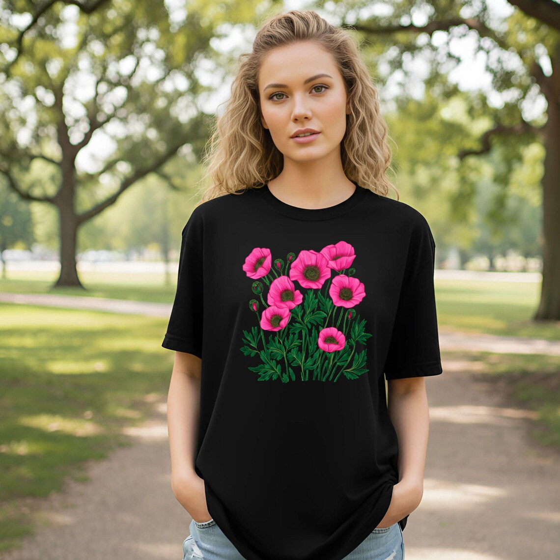 Red & Pink Poppy Botanical Floral Graphic T-Shirt - Nature Lover Tee