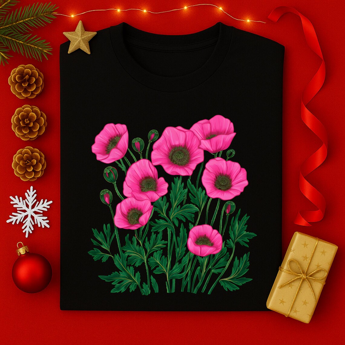 Red & Pink Poppy Botanical Floral Graphic T-Shirt - Nature Lover Tee