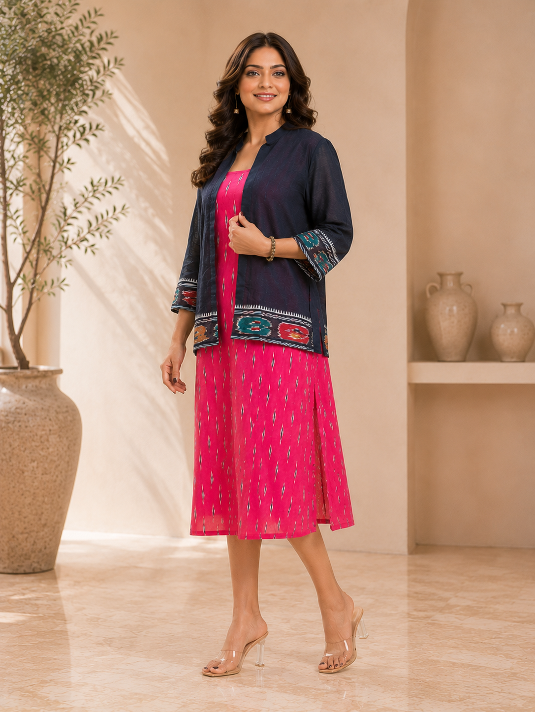 Women's Pink Ikat Print Straight Dress with Navy Blue Shrug | Ethnic Fusion Midi Dress