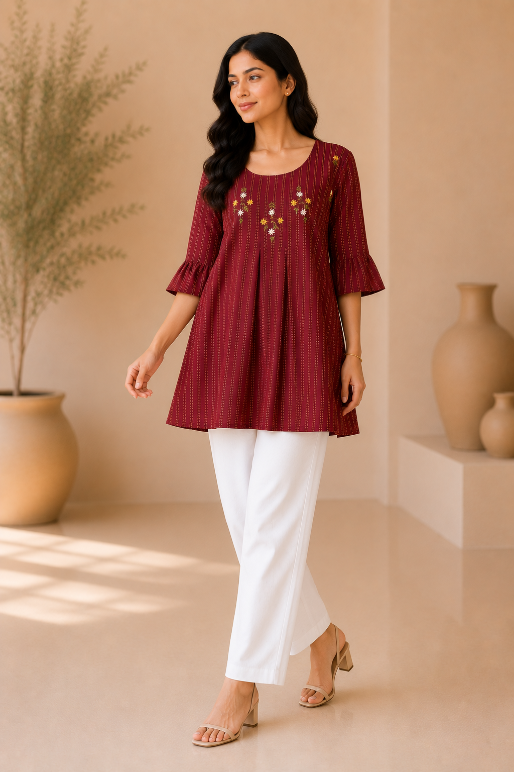 Girls Floral Embroidered A-Line Kurti Dress – Maroon Cotton Blend Ethnic Wear for Kids