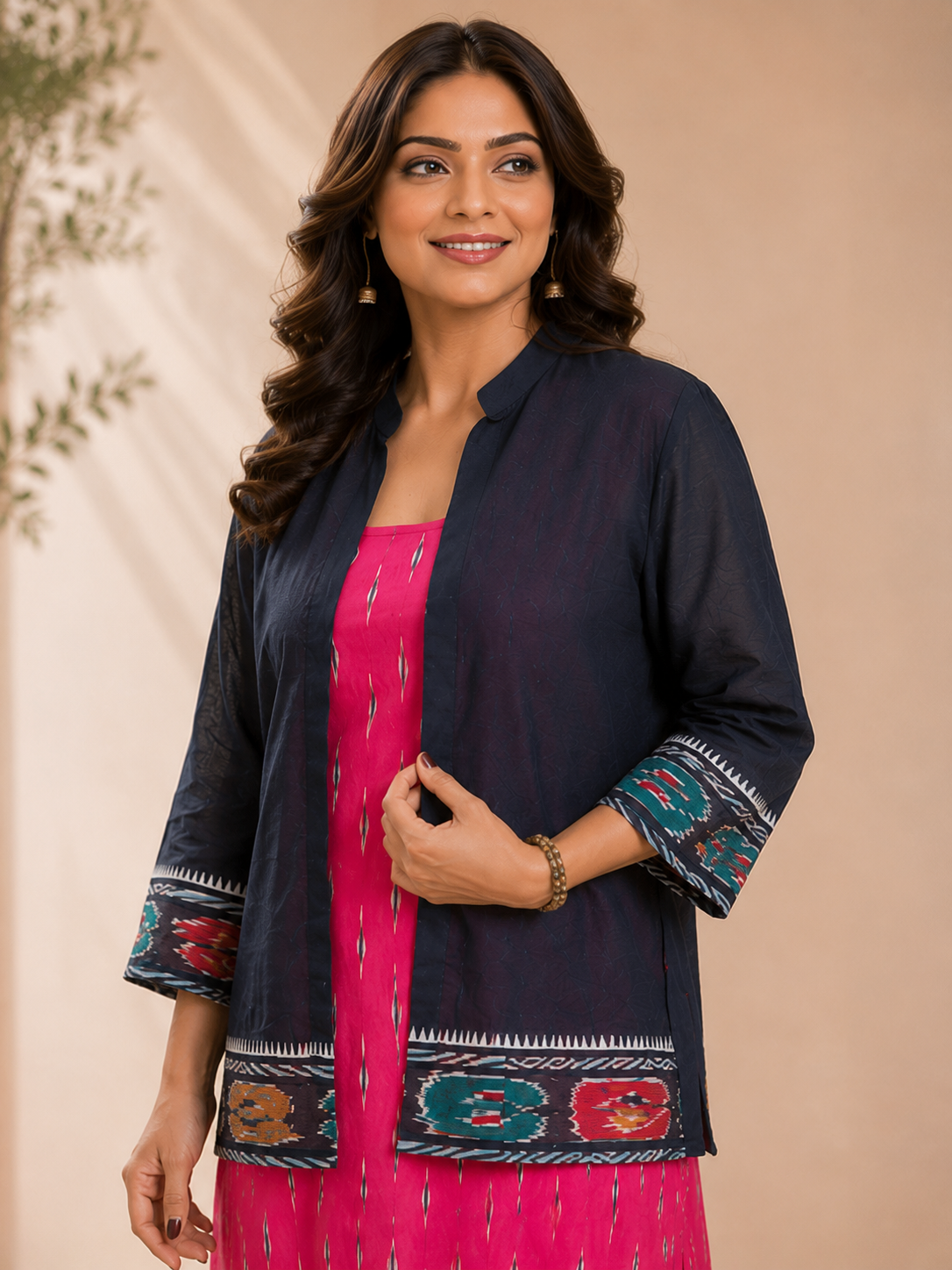 Women's Pink Ikat Print Straight Dress with Navy Blue Shrug | Ethnic Fusion Midi Dress