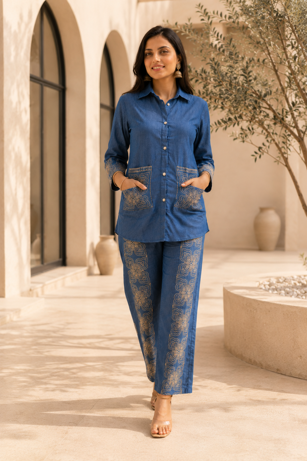 Women's Premium Blue Embroidered Co-Ord Set | Cotton Blend Shirt & Straight Pants | Elegant Casual Wear