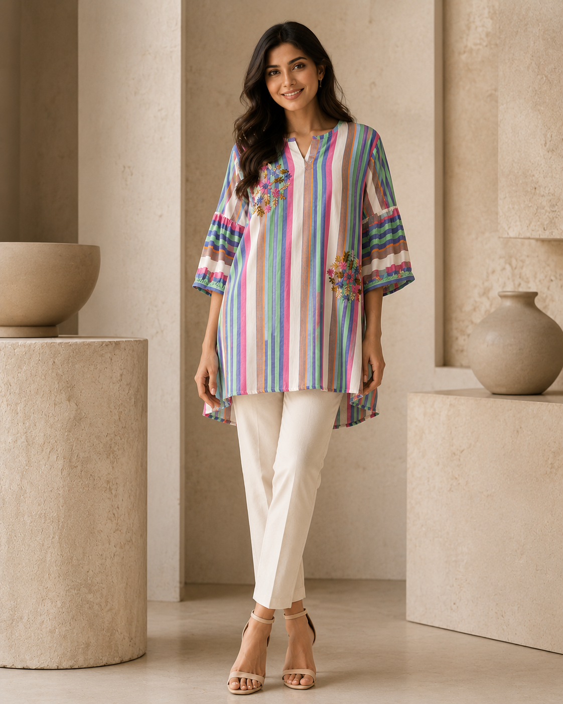 Elegant Multicolor Striped Embroidered Kurti with Bell Sleeves