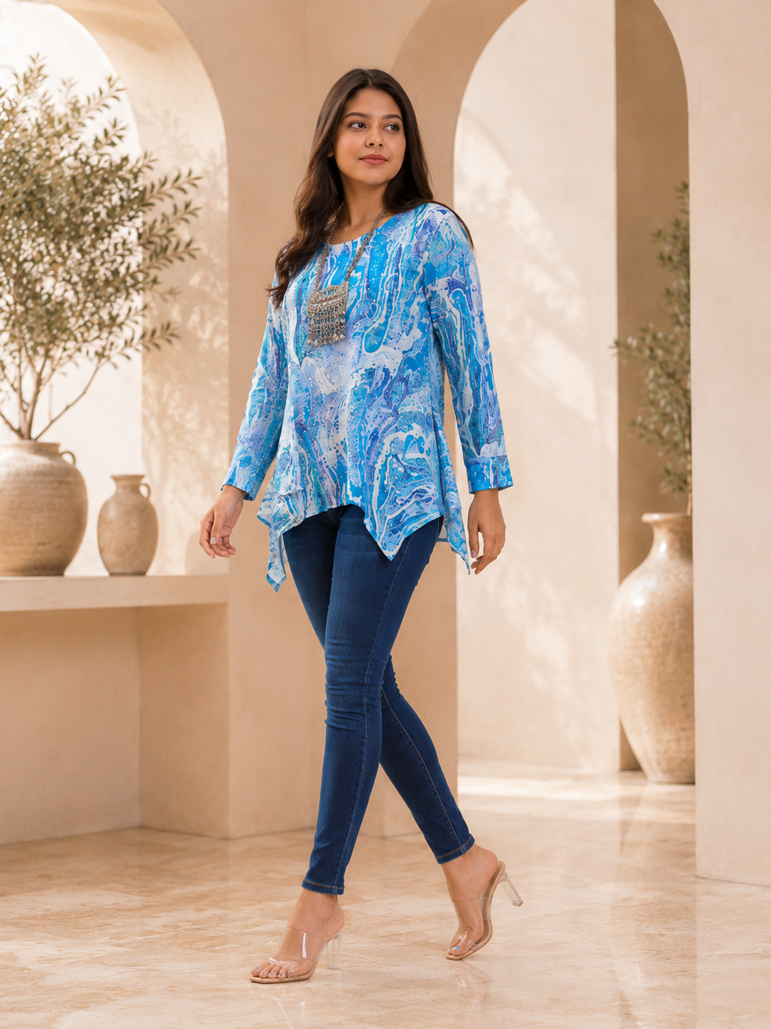 Women's Blue Abstract Print Asymmetrical Tunic Top | Casual Designer Long Top