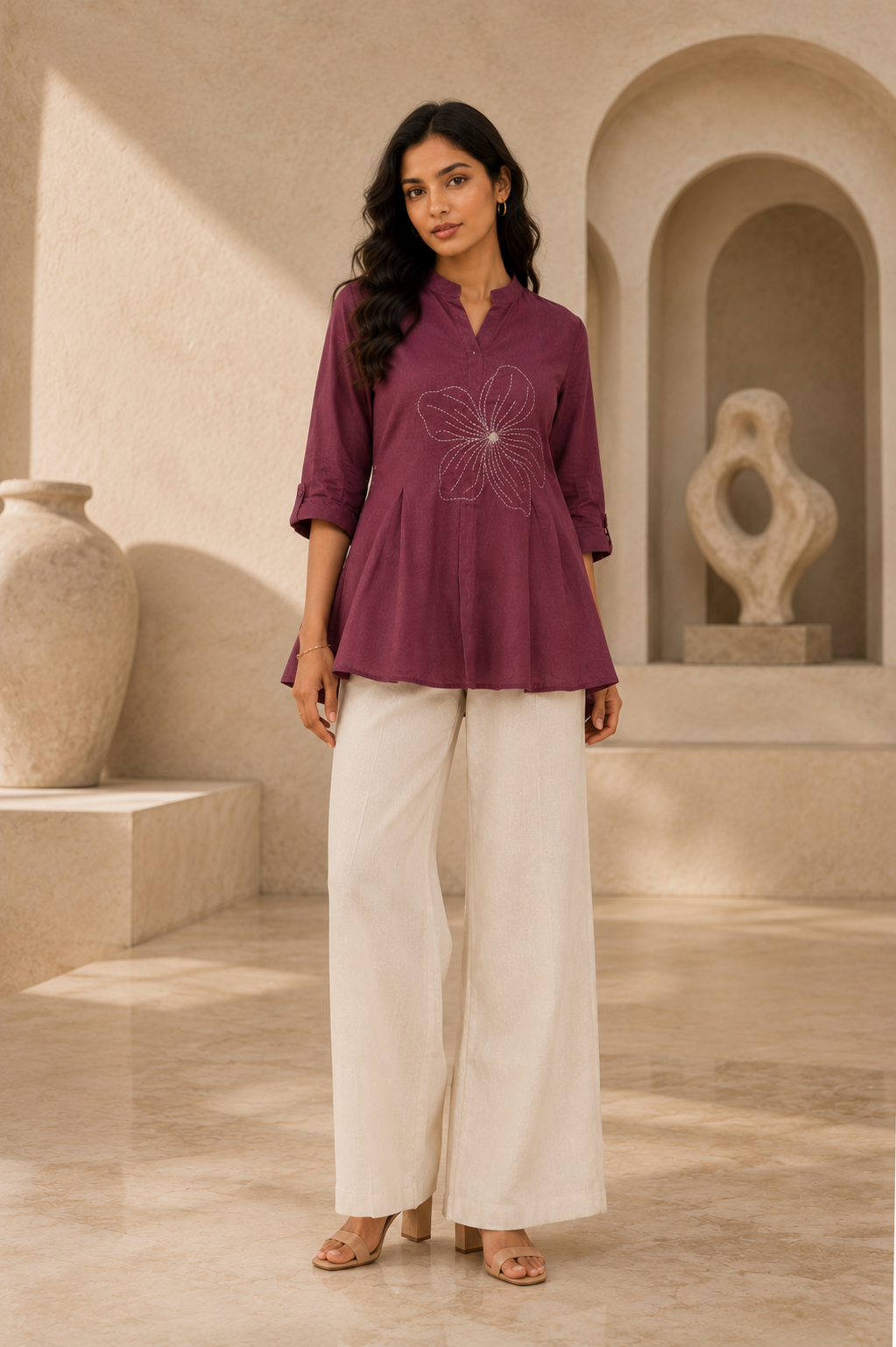 Women's Mauve Floral Embroidered Flared Top | Stylish Half Sleeve Casual Ethnic Top