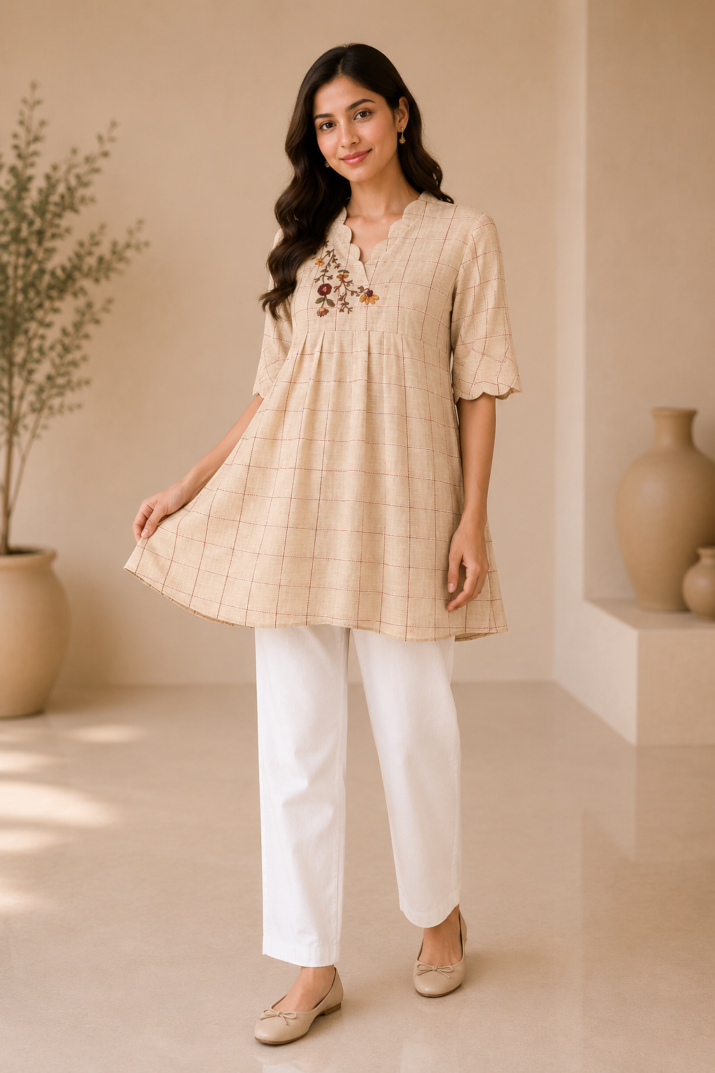Girls Embroidered Checked A-Line Kurti Dress – Beige Cotton Blend Ethnic Wear for Kids