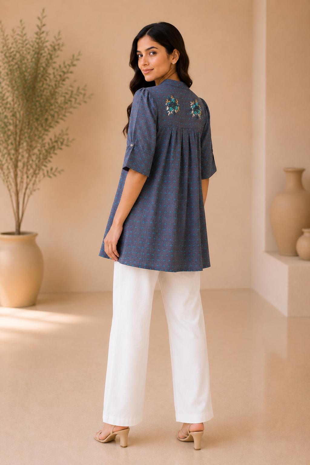 Girls Embroidered Cotton Blend A-Line Kurti Dress – Grey & Turquoise Ethnic Wear for Kids