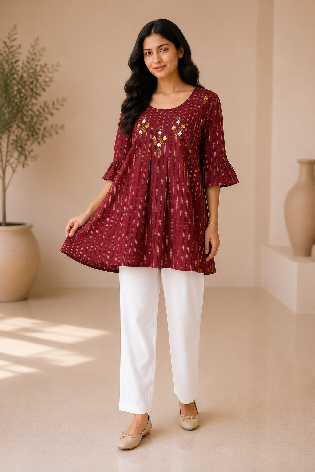 Girls Floral Embroidered A-Line Kurti Dress – Maroon Cotton Blend Ethnic Wear for Kids