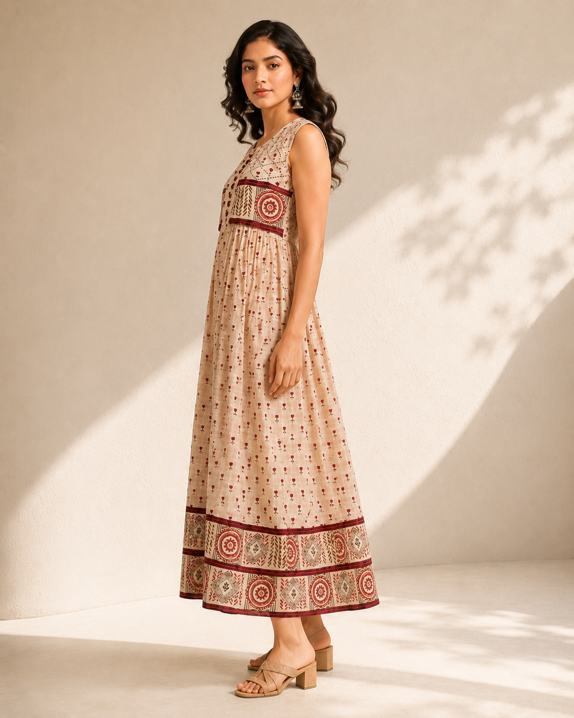 Women's Premium Beige Printed A-Line Maxi Dress | Sleeveless Ethnic Cotton Dress | Elegant Casual & Festive Wear