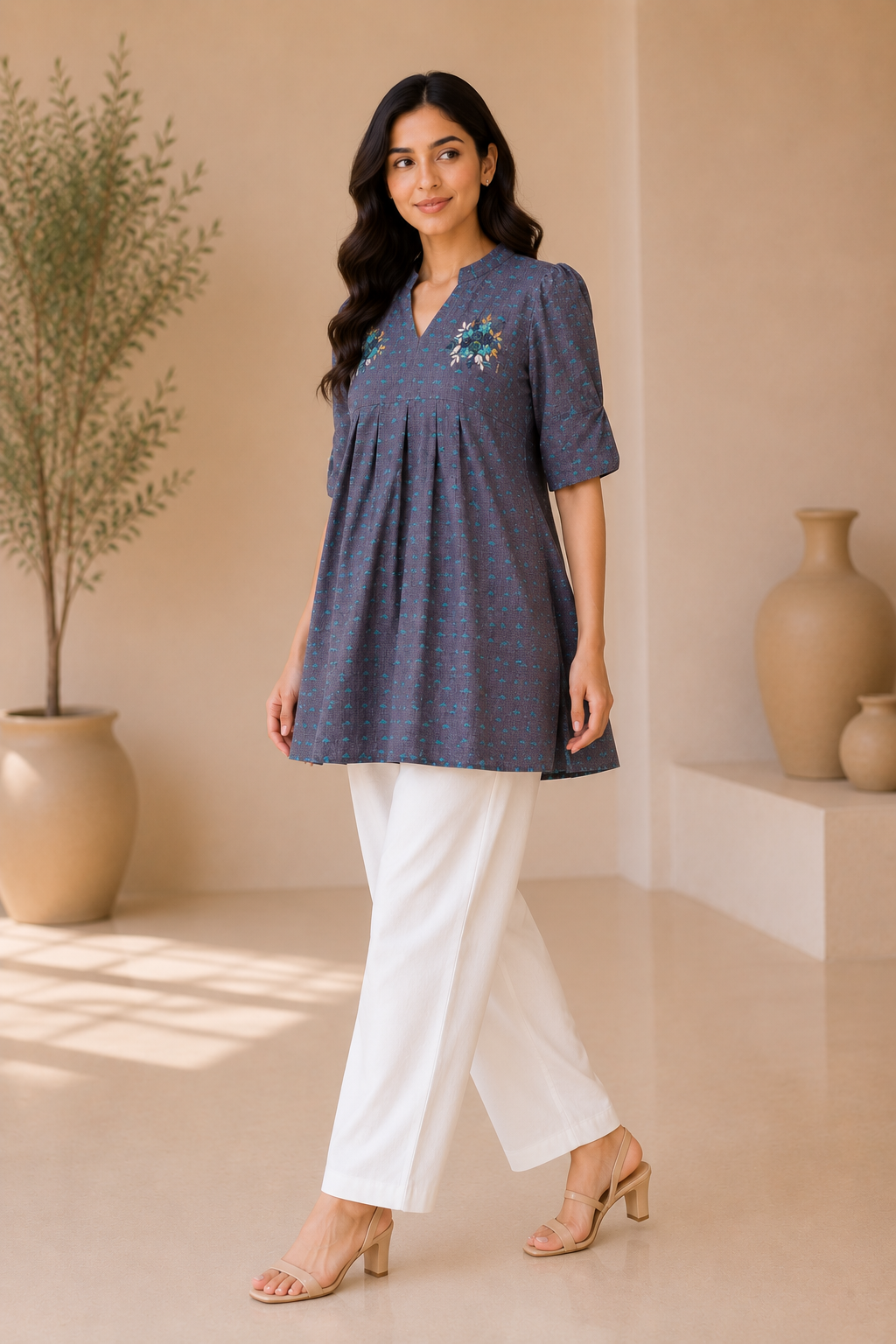 Girls Embroidered Cotton Blend A-Line Kurti Dress – Grey & Turquoise Ethnic Wear for Kids