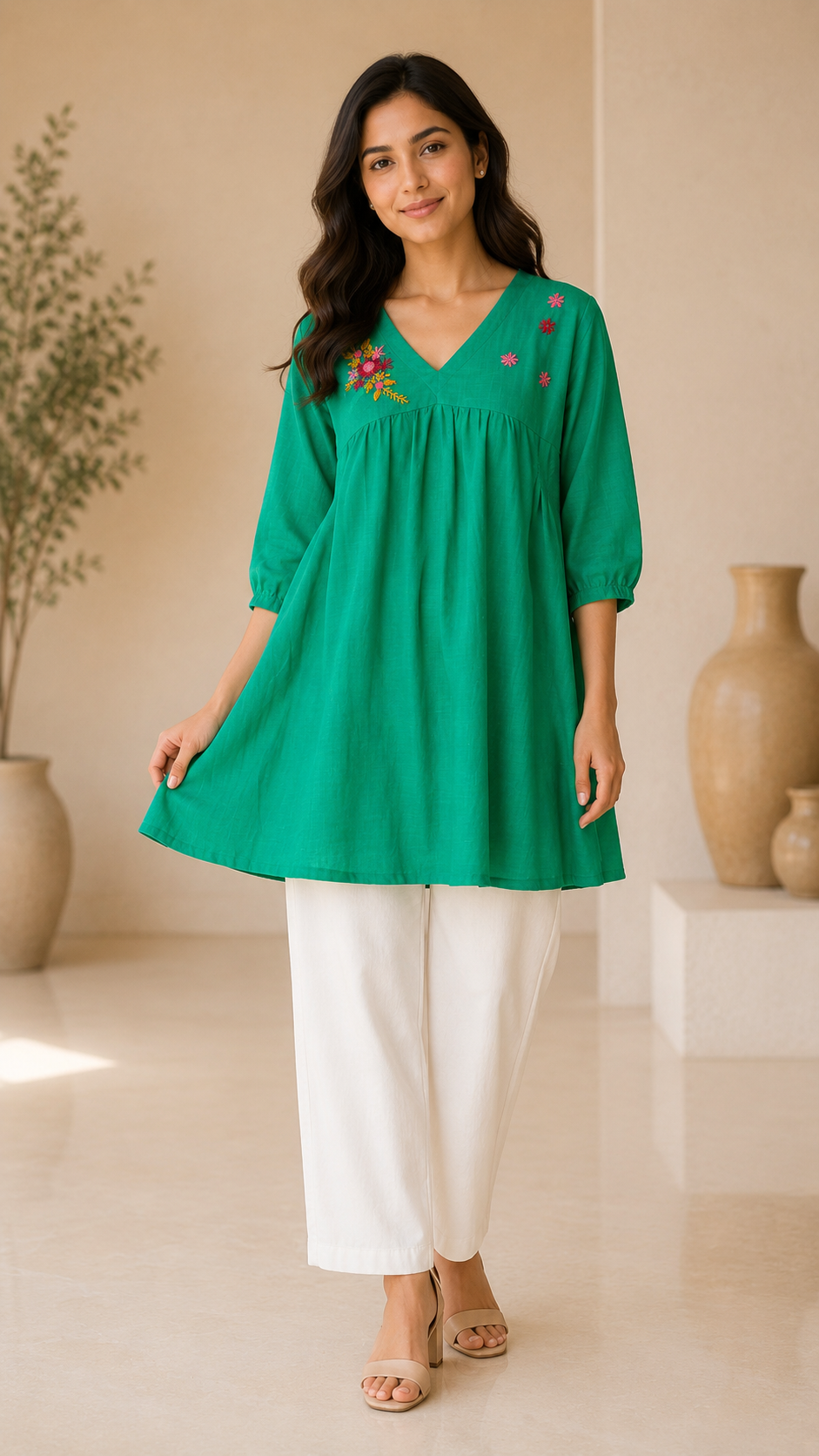 Women's Emerald Green Floral Embroidered V-Neck Top | Stylish Casual Ethnic Top