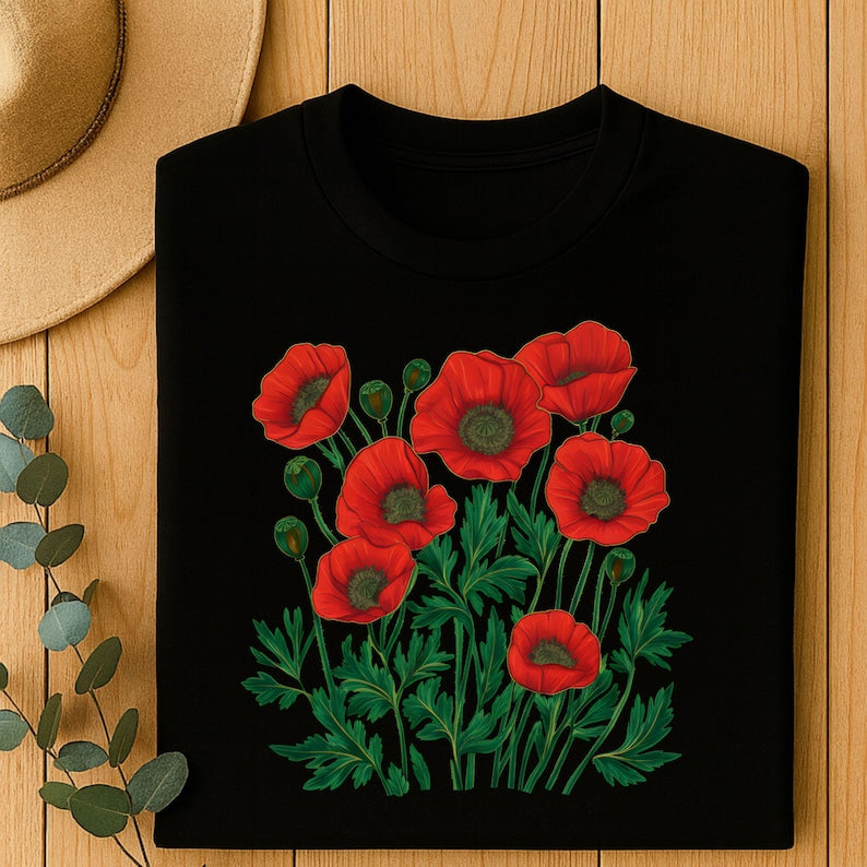 Red & Pink Poppy Botanical Floral Graphic T-Shirt - Nature Lover Tee