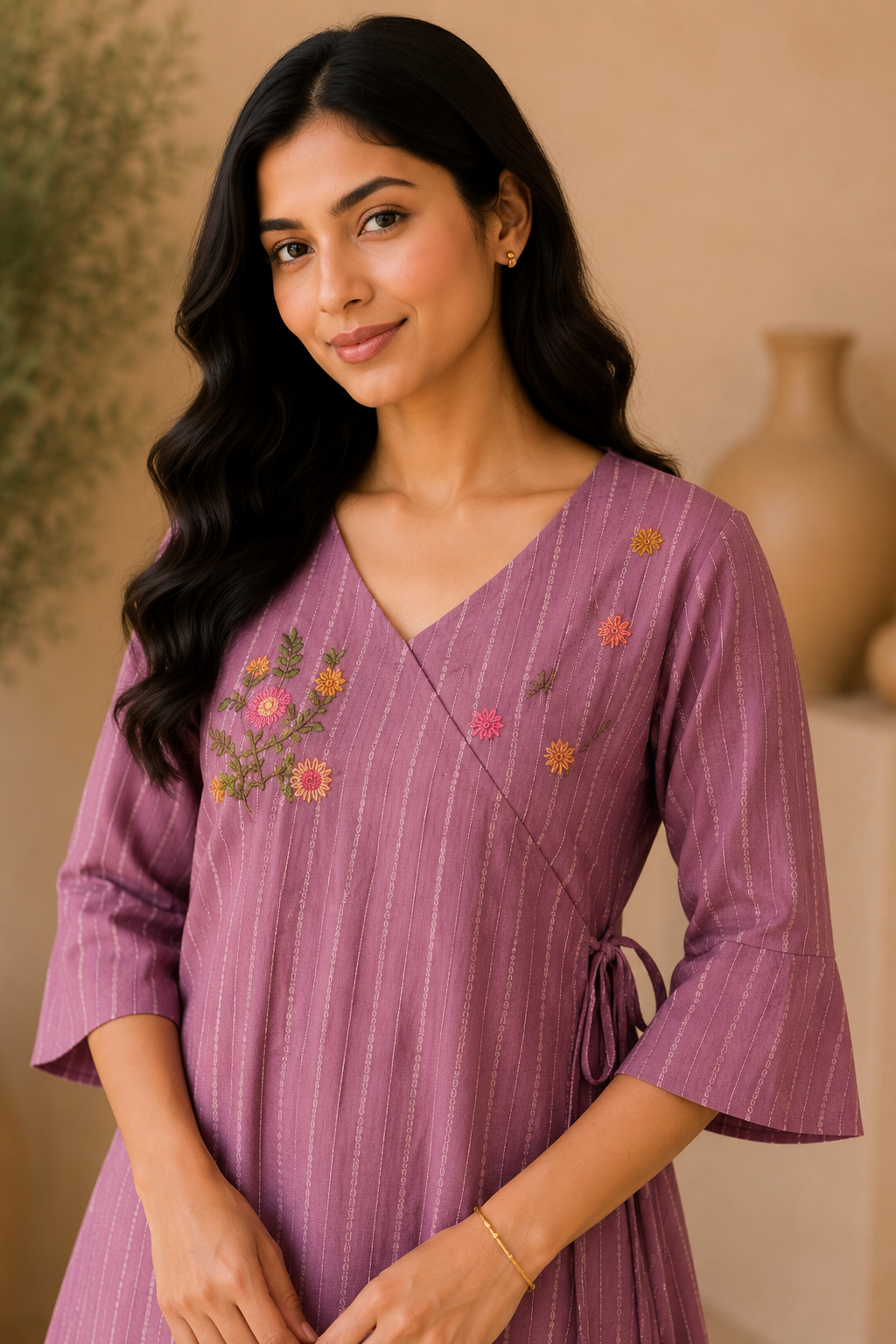 Girls Floral Embroidered Wrap Style Kurti Dress – Mauve Pink Cotton Blend Ethnic Wear for Kids