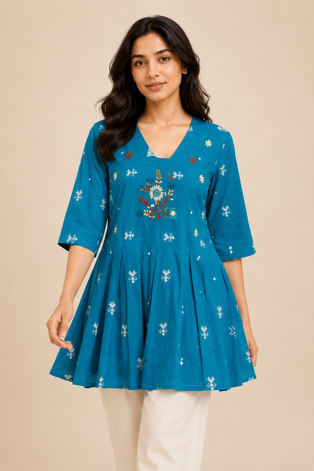 Women's Turquoise Floral Embroidered Peplum Top | Stylish Half Sleeve Ethnic Top