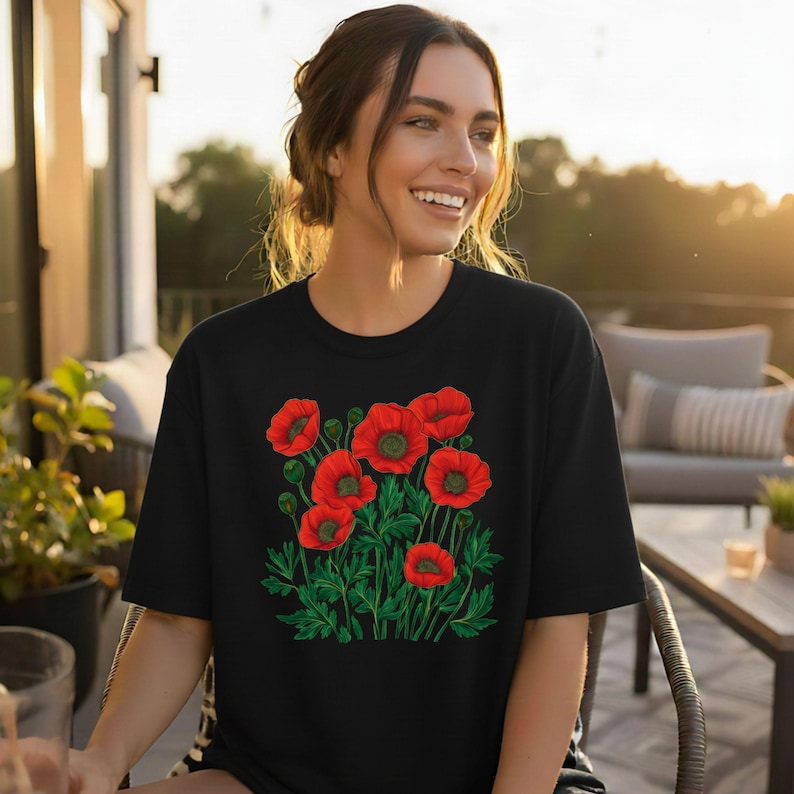 Red & Pink Poppy Botanical Floral Graphic T-Shirt - Nature Lover Tee