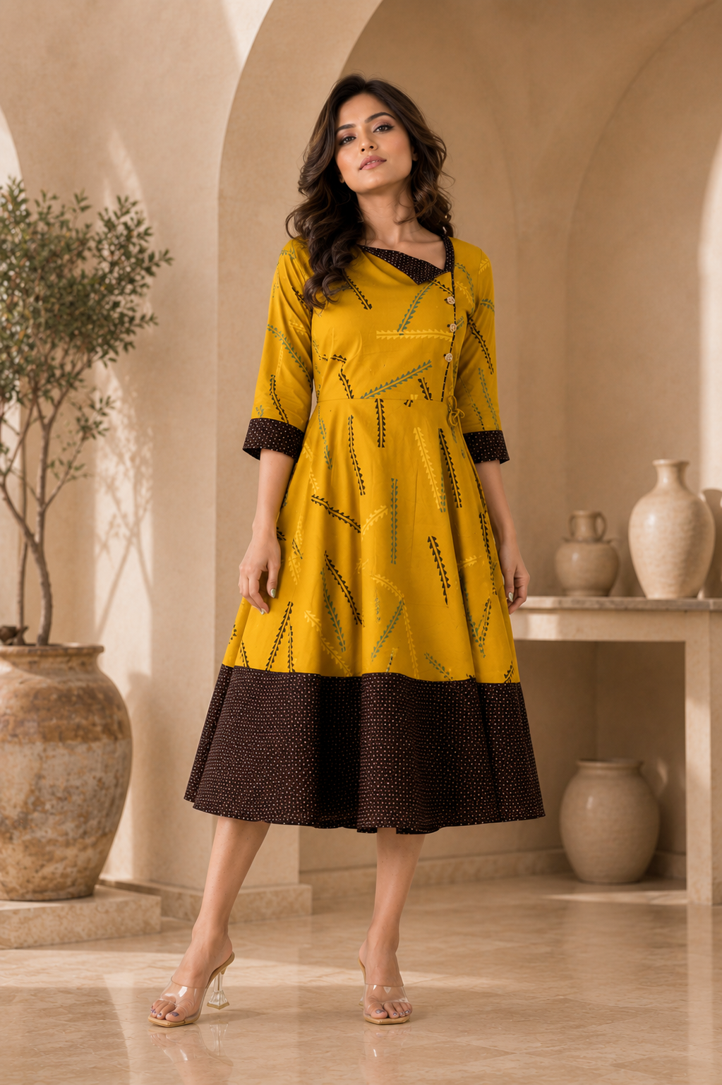 Mustard Yellow Printed Anarkali Dress for Women | Stylish Flared Midi Dress