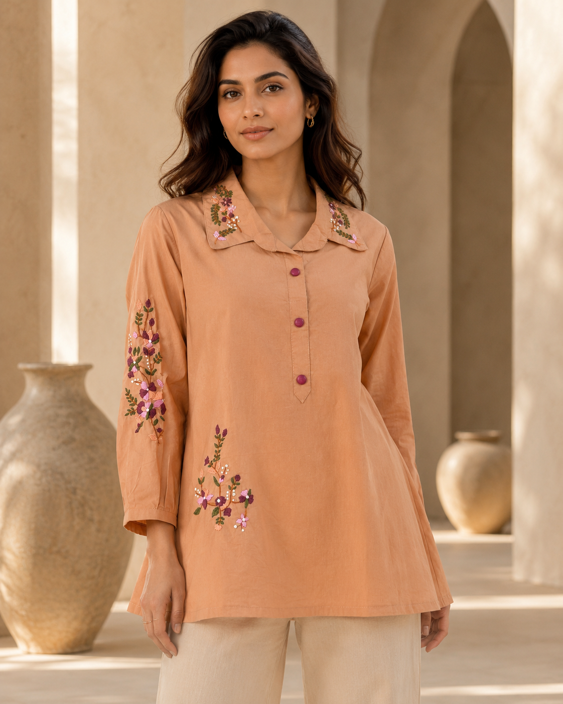 Women's Peach Floral Embroidered Collared Cotton Kurti | Full Sleeve Casual Ethnic Top