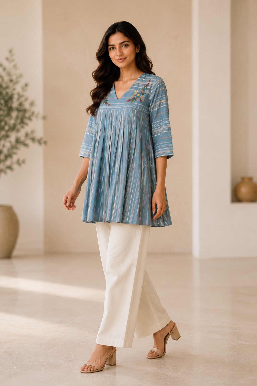 Women's Sky Blue Striped Embroidered Peplum Top | Elegant Casual Ethnic Top for Women