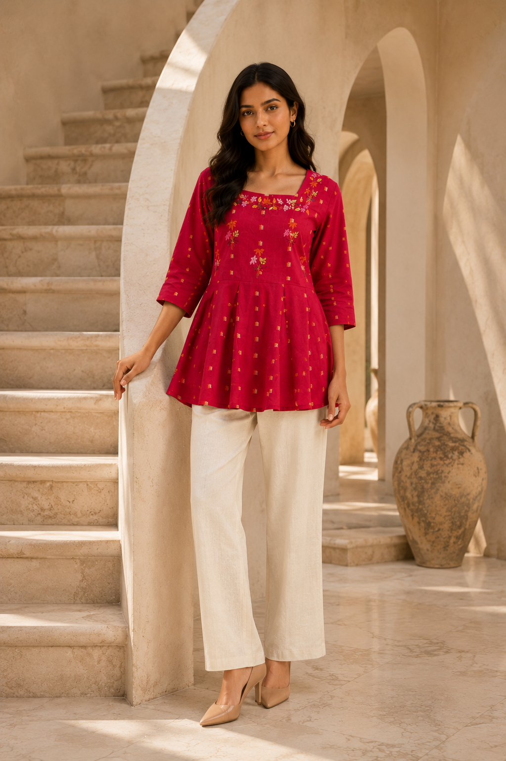 Women's Maroon Floral Embroidered Peplum Top | Stylish Flared Ethnic Top for Women