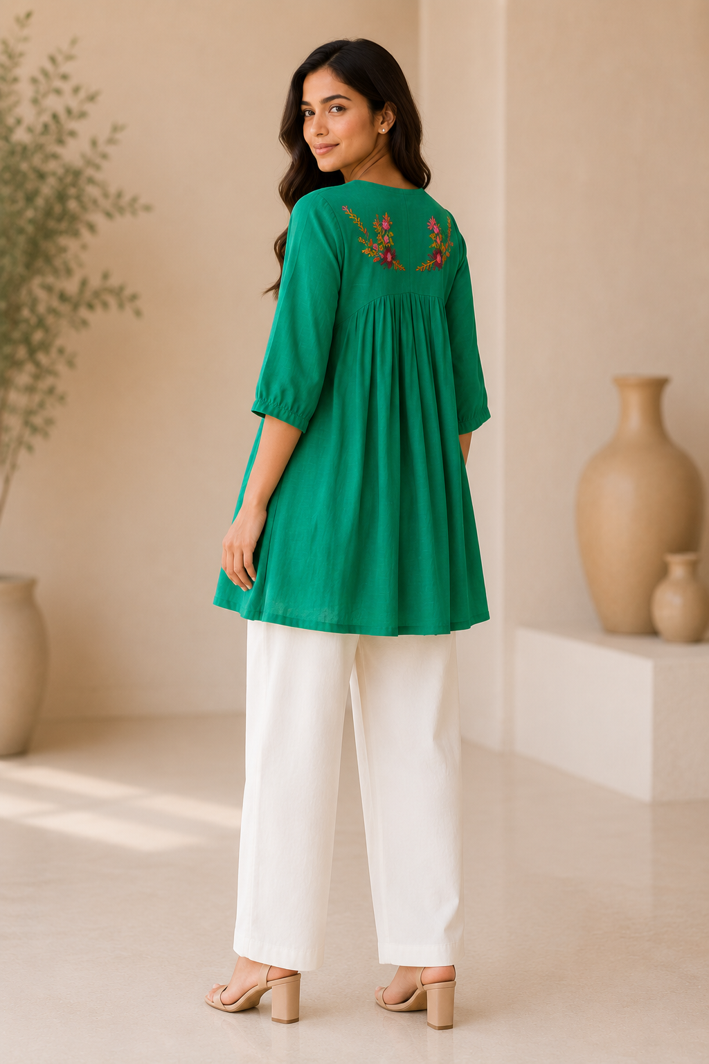 Women's Emerald Green Floral Embroidered V-Neck Top | Stylish Casual Ethnic Top