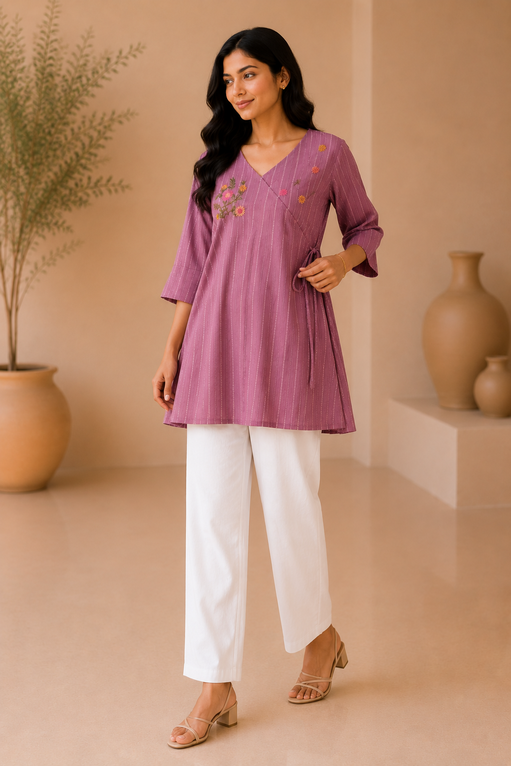 Girls Floral Embroidered Wrap Style Kurti Dress – Mauve Pink Cotton Blend Ethnic Wear for Kids