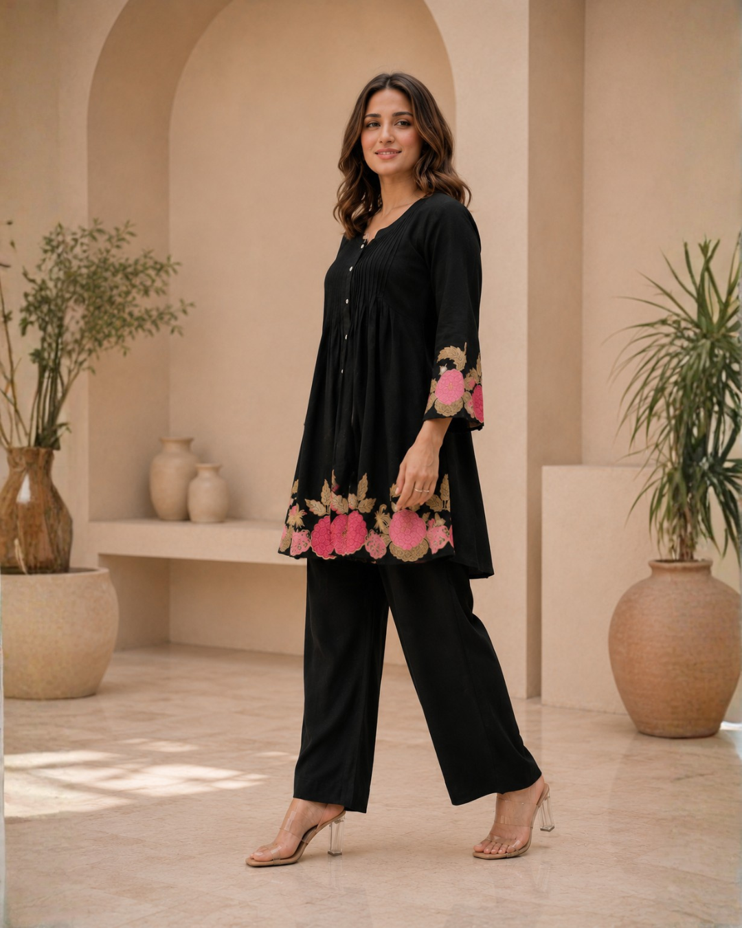 Premium Black Embroidered Co-Ord Set for Women | Floral Designer Kurta & Palazzo Set