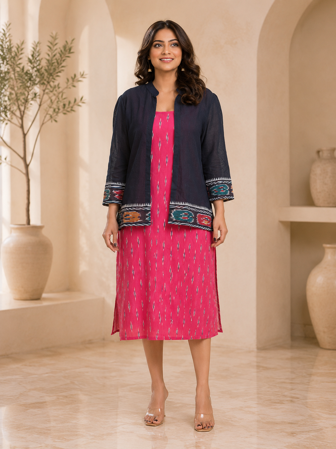 Women's Pink Ikat Print Straight Dress with Navy Blue Shrug | Ethnic Fusion Midi Dress