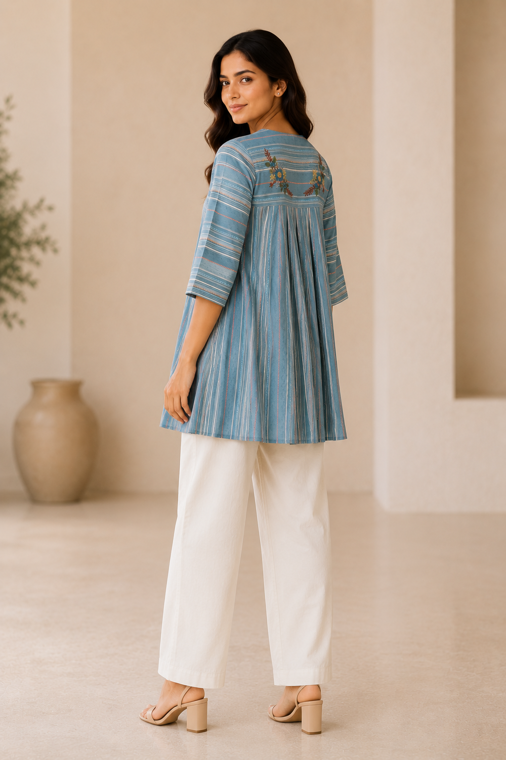 Women's Sky Blue Striped Embroidered Peplum Top | Elegant Casual Ethnic Top for Women
