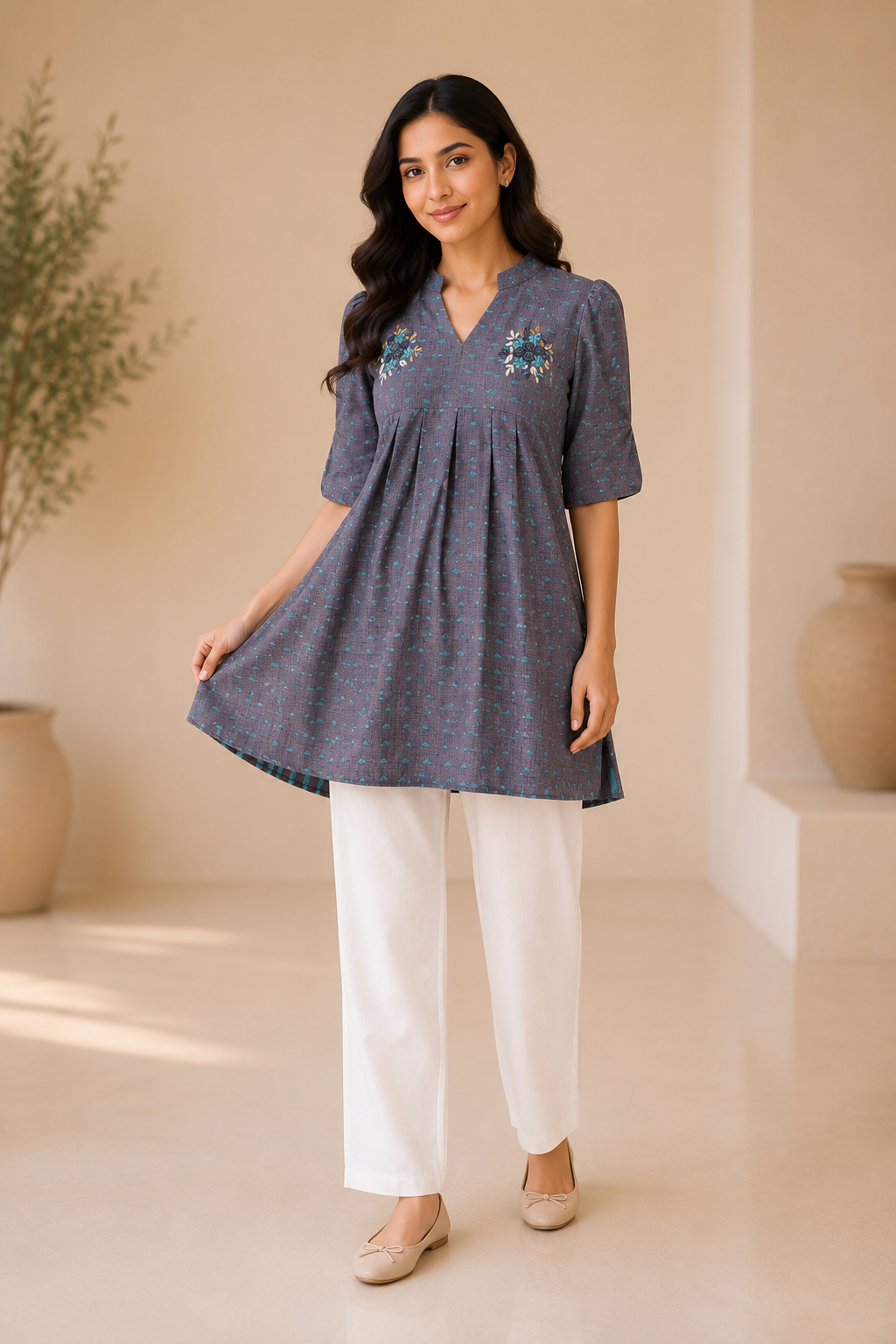 Girls Embroidered Cotton Blend A-Line Kurti Dress – Grey & Turquoise Ethnic Wear for Kids