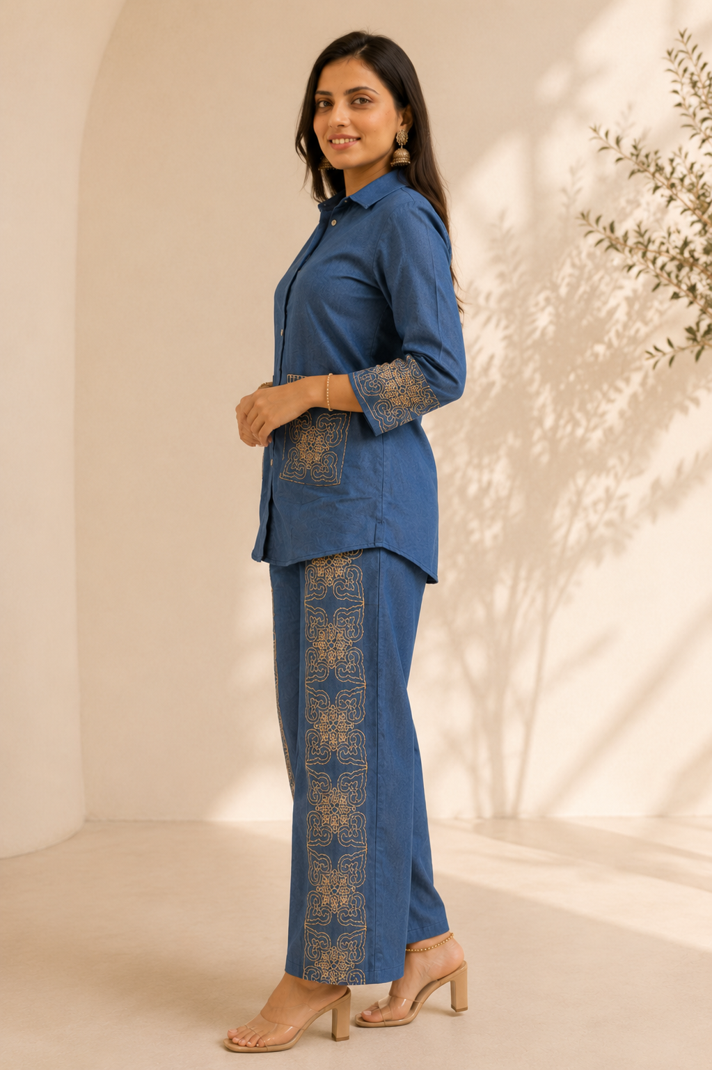 Women's Premium Blue Embroidered Co-Ord Set | Cotton Blend Shirt & Straight Pants | Elegant Casual Wear