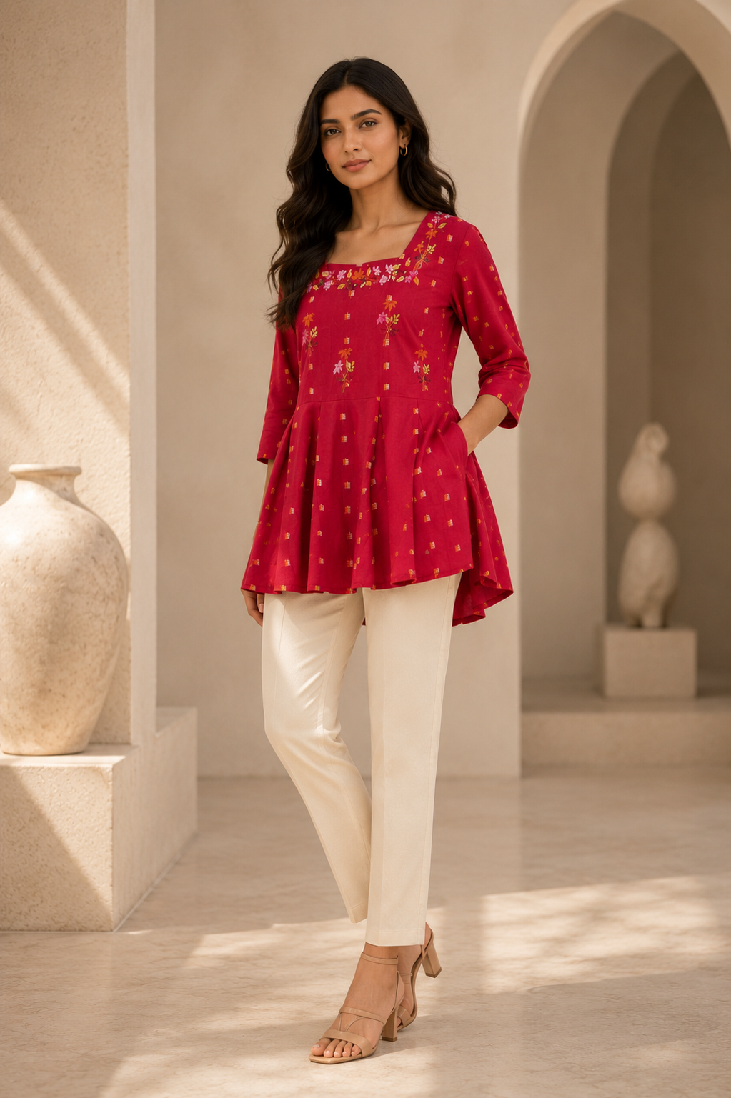 Women's Maroon Floral Embroidered Peplum Top | Stylish Flared Ethnic Top for Women