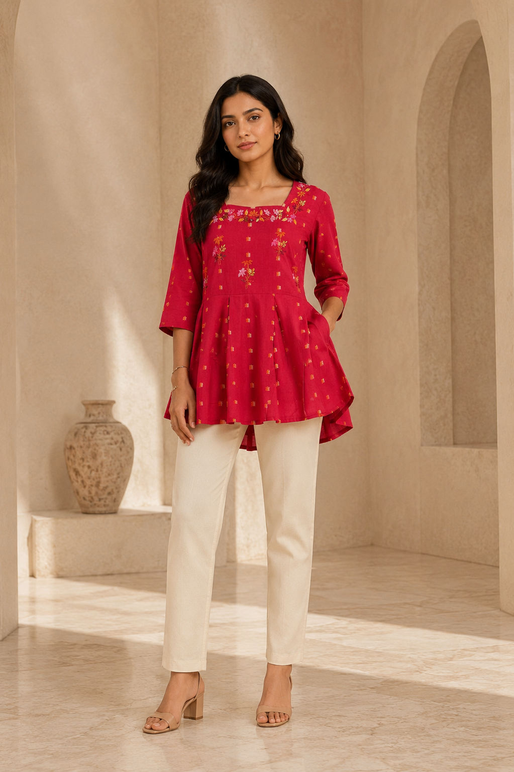 Women's Maroon Floral Embroidered Peplum Top | Stylish Flared Ethnic Top for Women