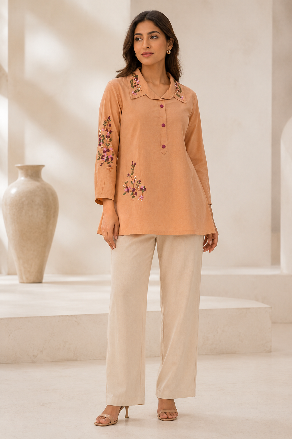 Women's Peach Floral Embroidered Collared Cotton Kurti | Full Sleeve Casual Ethnic Top