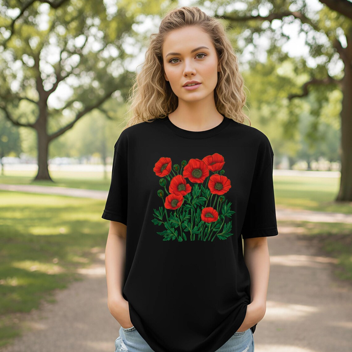 Red & Pink Poppy Botanical Floral Graphic T-Shirt - Nature Lover Tee