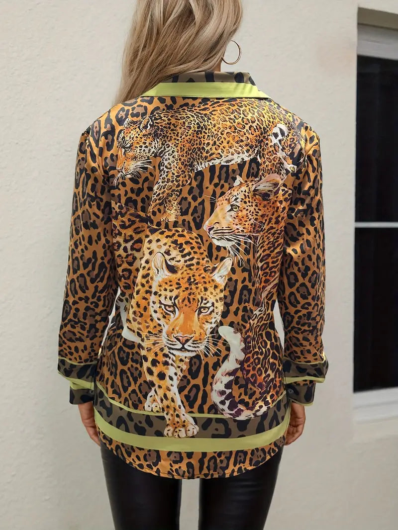Savannah Luxe Leopard Print Satin Shirt | Premium Long Sleeve Party Wear Top