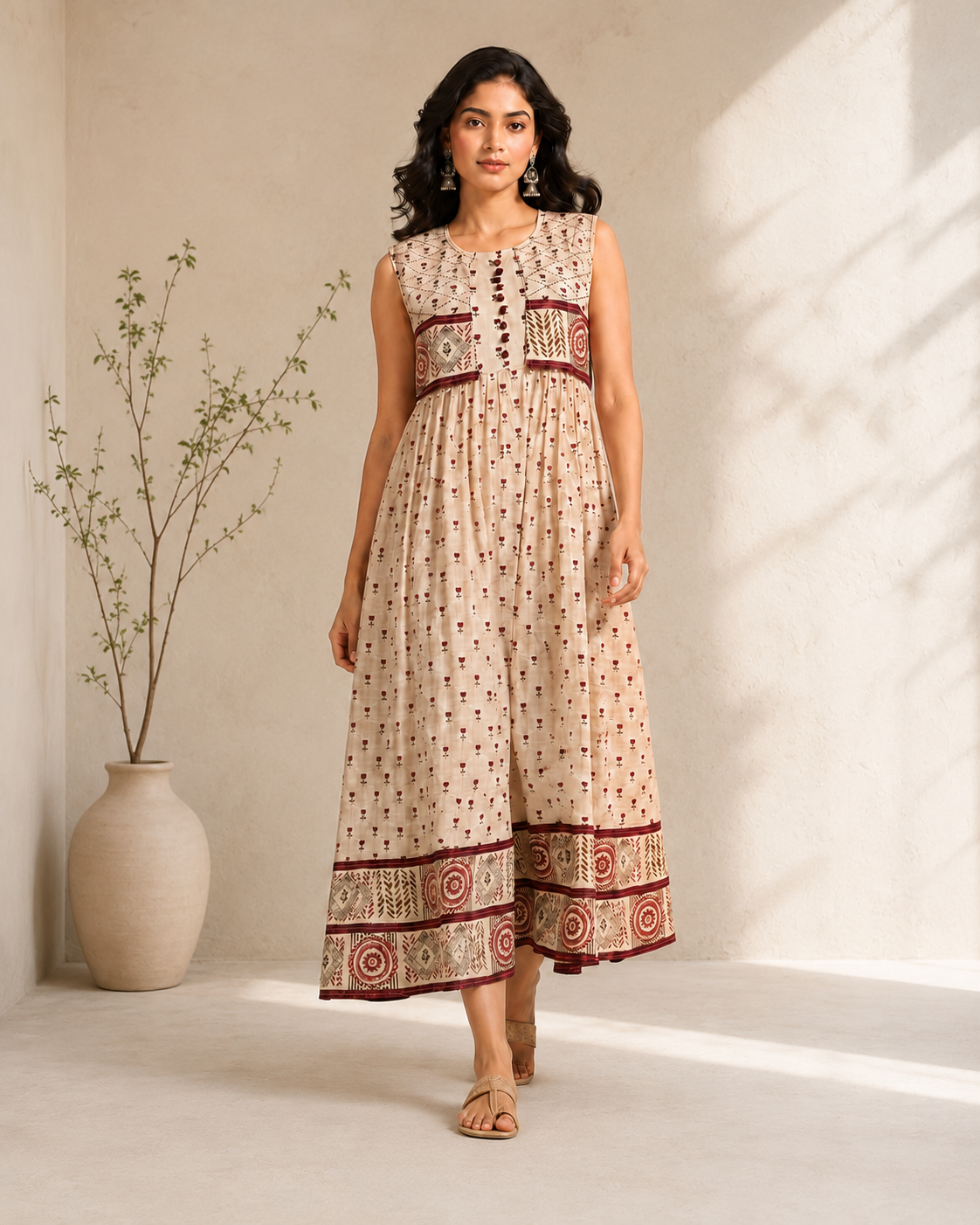 Women's Premium Beige Printed A-Line Maxi Dress | Sleeveless Ethnic Cotton Dress | Elegant Casual & Festive Wear