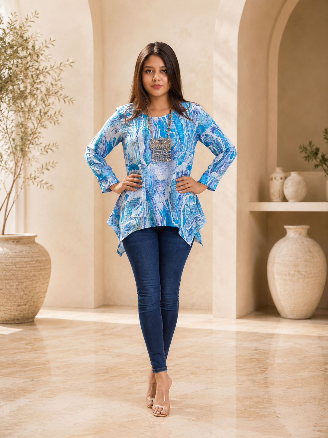 Women's Blue Abstract Print Asymmetrical Tunic Top | Casual Designer Long Top