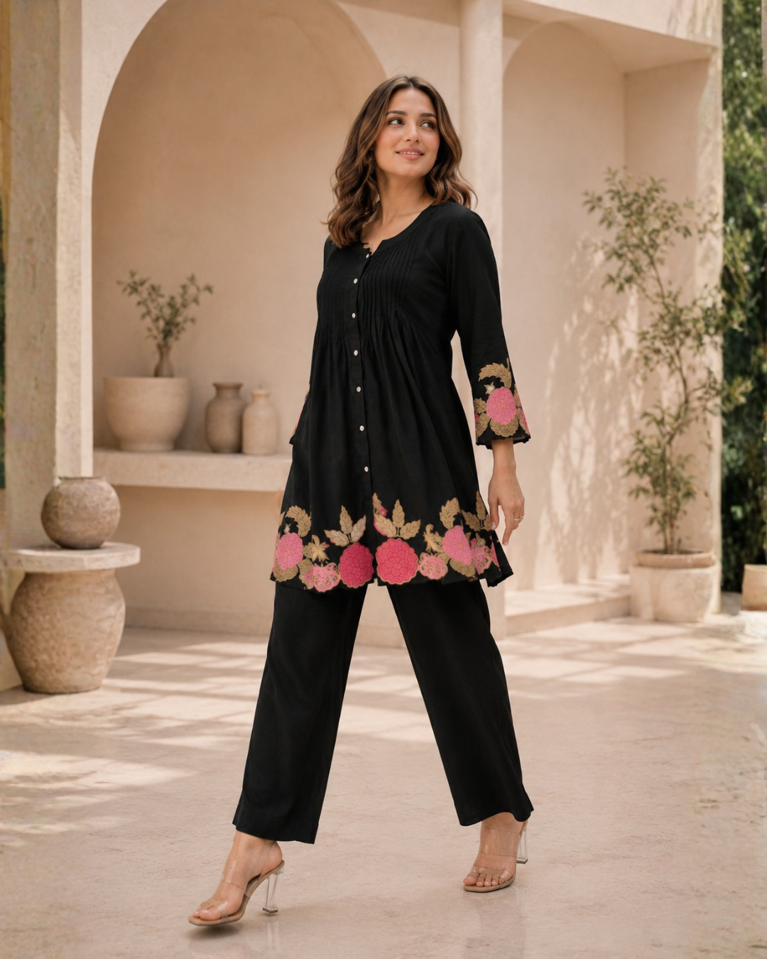 Premium Black Embroidered Co-Ord Set for Women | Floral Designer Kurta & Palazzo Set