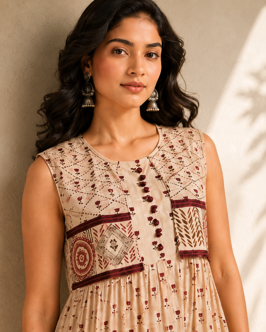 Women's Premium Beige Printed A-Line Maxi Dress | Sleeveless Ethnic Cotton Dress | Elegant Casual & Festive Wear