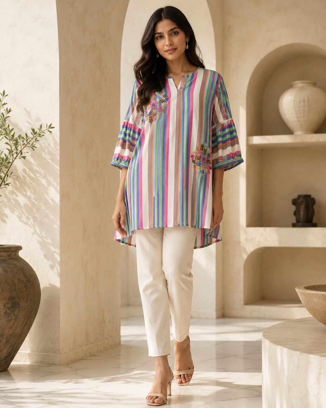 Elegant Multicolor Striped Embroidered Kurti with Bell Sleeves