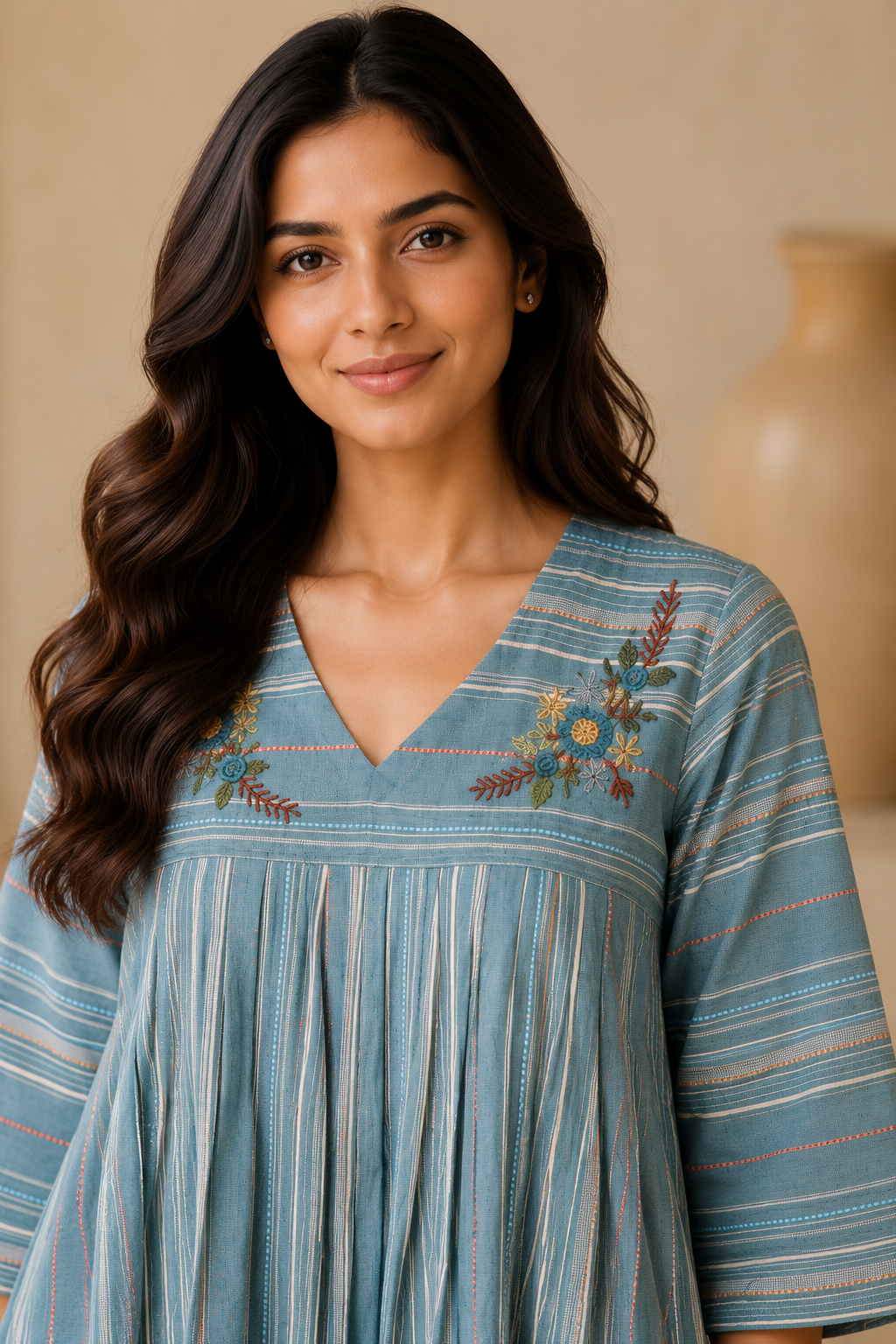Women's Sky Blue Striped Embroidered Peplum Top | Elegant Casual Ethnic Top for Women